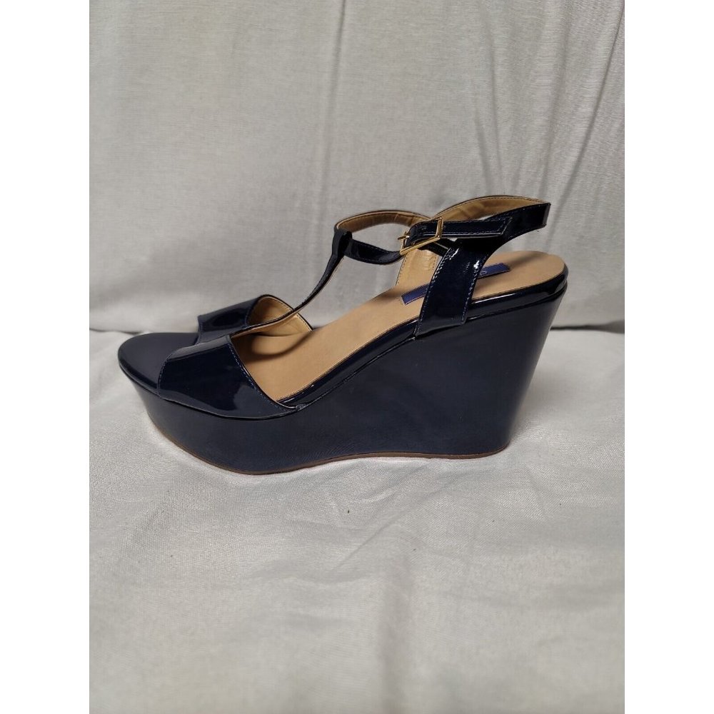 Dee Keller Blue Patent Leather Wedge Platform Ankle Strap Sandals Size 37.5 - Picture 1 of 9